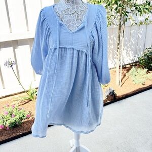 Baby Blue Gauze Mini Dress with Pockets M